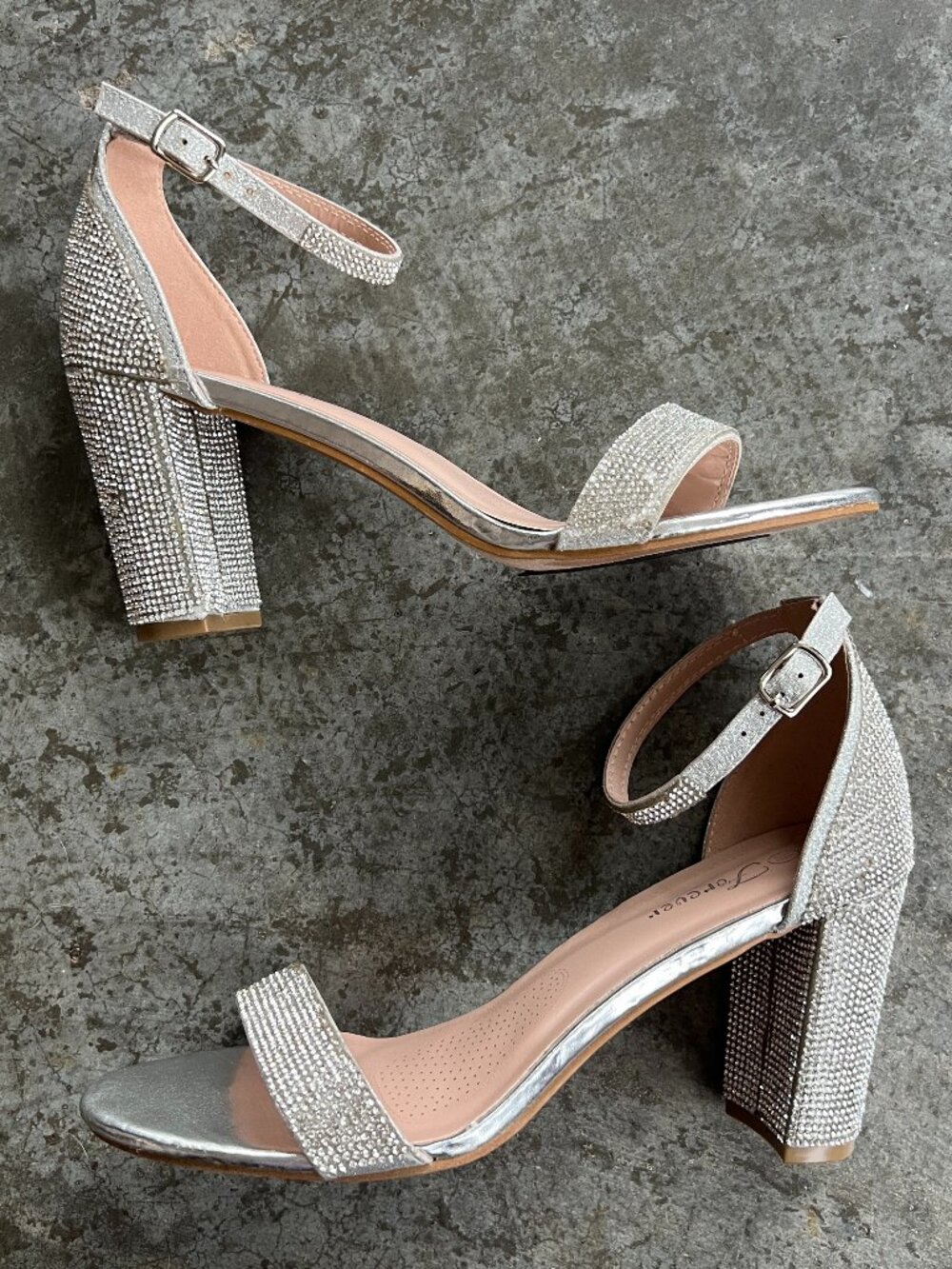 Forever Silver Rhinestone Sparkle High Heels Glam Ankle Strap Block Heel 8.5